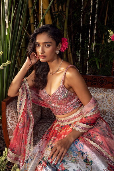 Iridiana Sequin Bustier and Floral Lehenga Set